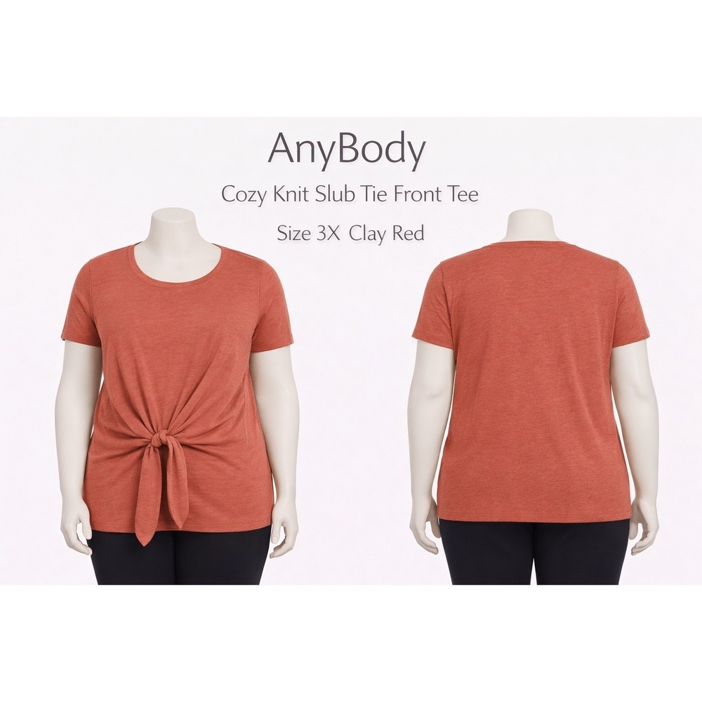 AnyBody Cozy Knit Slub Tie Front‎ Tee Clay Red Womens Plus Size 3X A374517